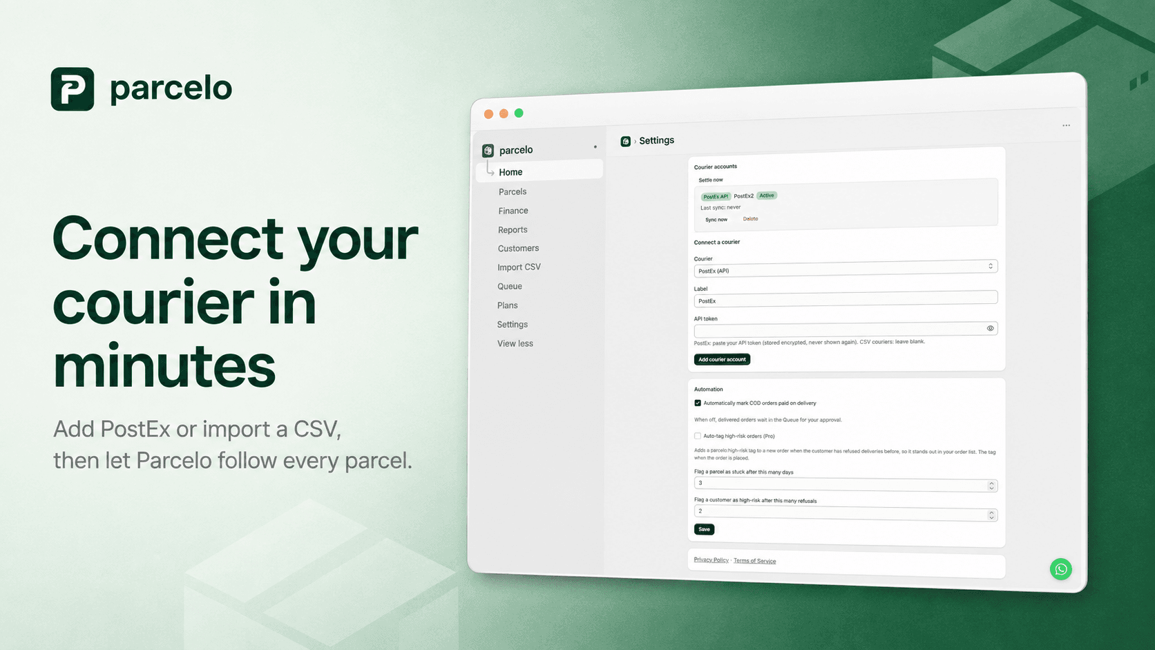 Parcelo settings screen connecting a PostEx courier account
