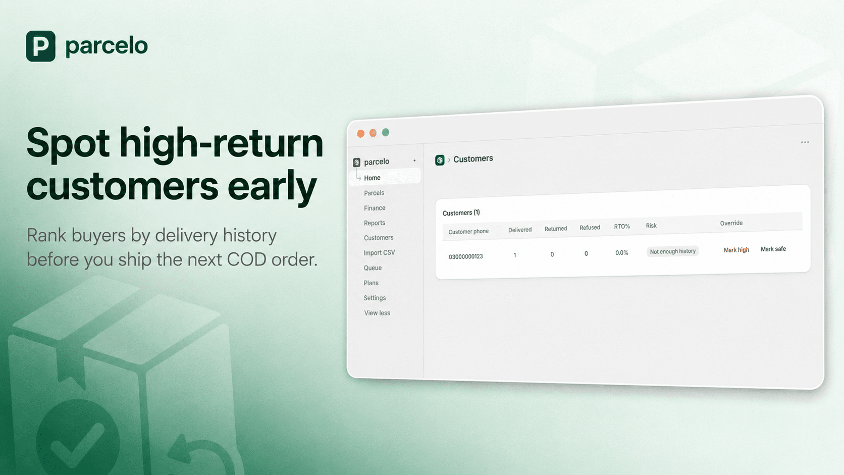 Parcelo customers screen ranking buyers by return-to-origin risk